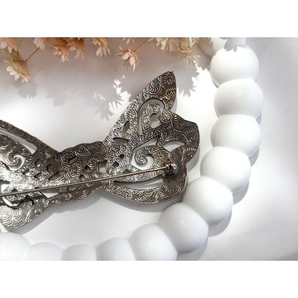 Silver Toned Marcasite Accented XL Ribboned Bow Vintage Brooch Pin - Picture 6 of 10